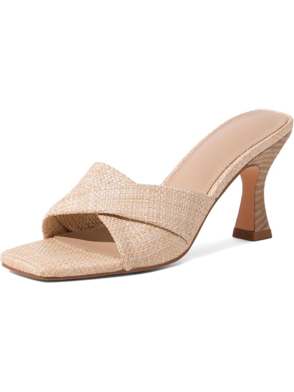 Women's Raffia Apricot Stiletto Mule Heel Open Square Toe Braided Backless
